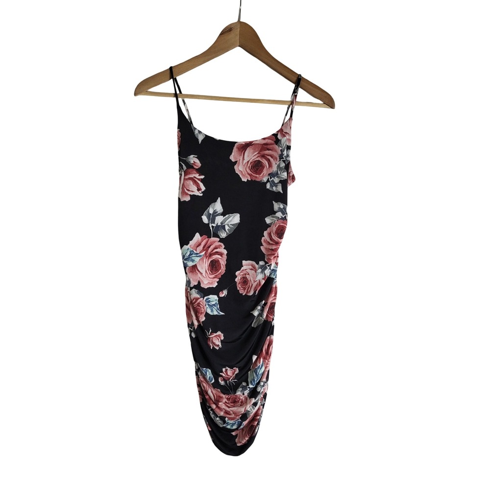 Blue Jasmine Black Pink Rose Floral Ruched Bodycon Mini Dress Medium